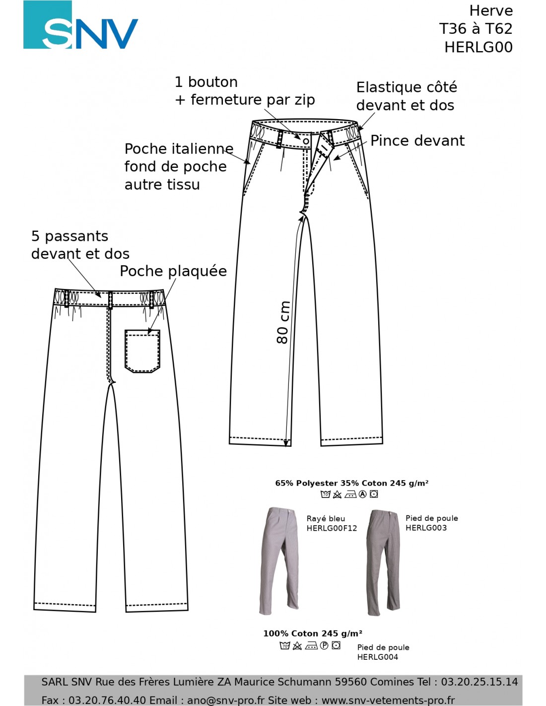 Pantalon de Travail CUISINE PC PIED DE POULE ELASTIQU