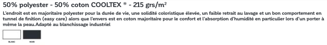 Tissu 50 % polyester – 50 % coton Cooltex® – 215 g/m² : composition, entretien et coloris disponibles