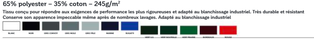 Tissu 65 % polyester – 35 % coton – 245 g/m² : composition, entretien et coloris disponibles