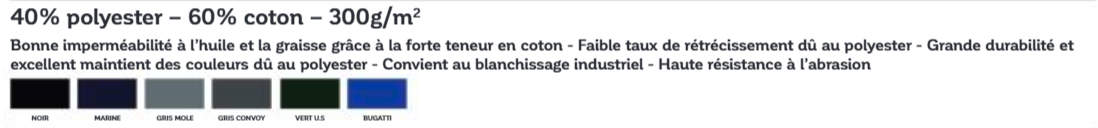 Tissu 40 % polyester – 60 % coton – 300 g/m² : composition, entretien et coloris disponibles